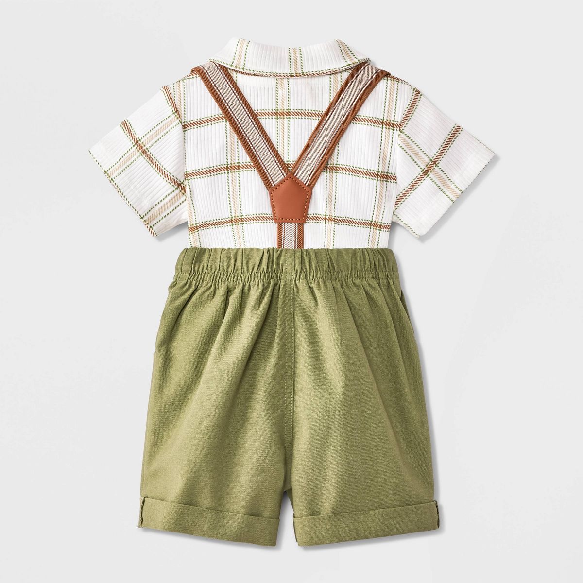 Baby Boys' 2pc Disney Winnie The Pooh Short Sleeve Bodysuit and Shorts Suspender Set - Green/White - thumbnail 2