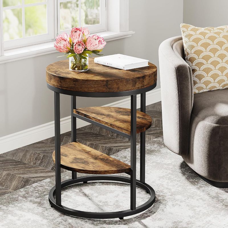 Tribesigns Round End Table with 3 Storage Shelves, Wood Side Table for Small Spaces, Industrial Sofa Side Table for Living Room, Bedroom, 2 of 9
