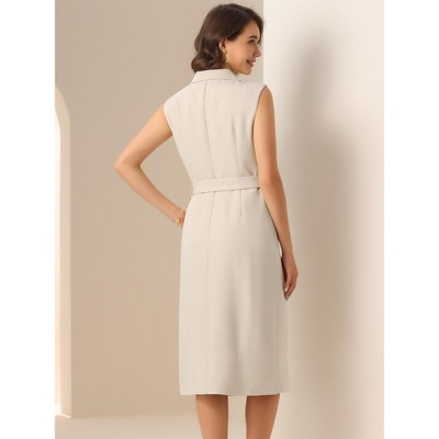Женские платья INSPIRE CHIC Women's Notched Lapel Double Breasted Belted Work Office Sleeveless Blazer Dress Apricot Medium — фото 3