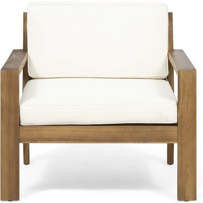 Outdoor Club Chair in Cream Acacia Wood with Water-Resistant Cushions, Slatted Back and Wire Brush Finish for Porch or Garden Use-Cuddlewood