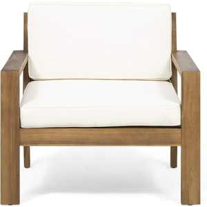 Outdoor Club Chair in Cream Acacia Wood with Water-Resistant Cushions, Slatted Back and Wire Brush Finish for Porch or Garden Use-Cuddlewood - 1 of 4