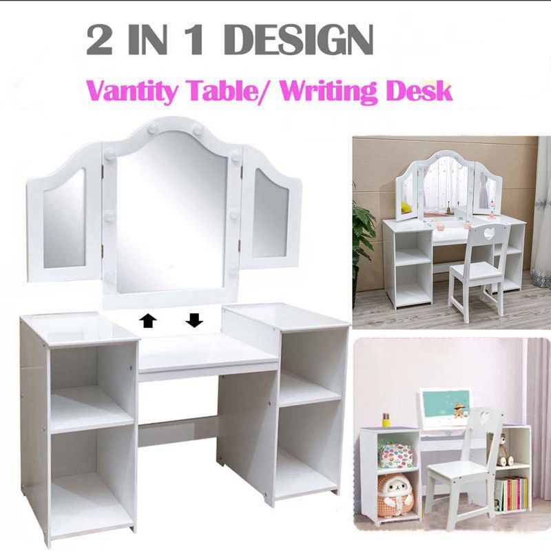 Whizmax 2 in 1 Wooden Princess Makeup Desk Dressing Table, Kids Vanity with Mirror, Light,Stool & Drawer, 2 of 4