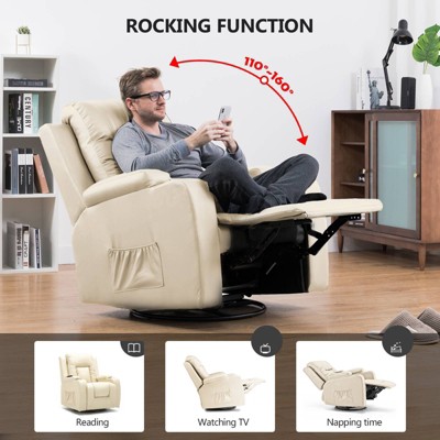 COMHOMA Recliner Chair PU Leather Rocking Sofa with Heated Massage Cream White