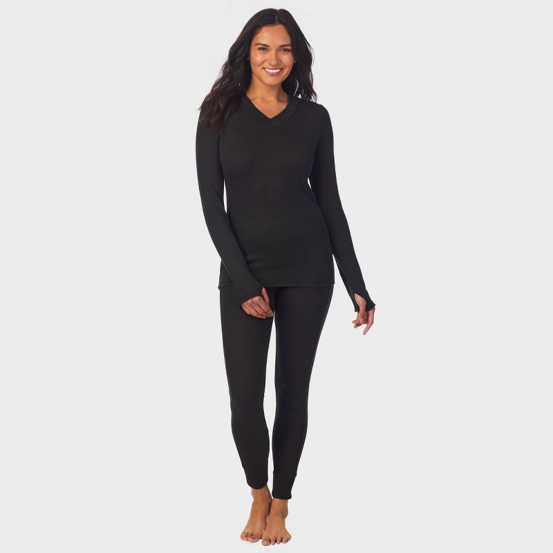 Warm Essentials by Cuddl Duds Women's Smooth Mesh Thermal V-Neck Top - Black, 3 of 8