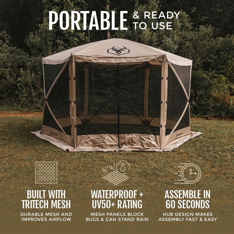 Gazelle Tents G6 8 Person 12' x 12' Pop Up 6 Sided Portable Hub Gazebo Screen Canopy Tent with Large Main Door, Wind Panels, and Screens, Desert Sand, 5 of 9