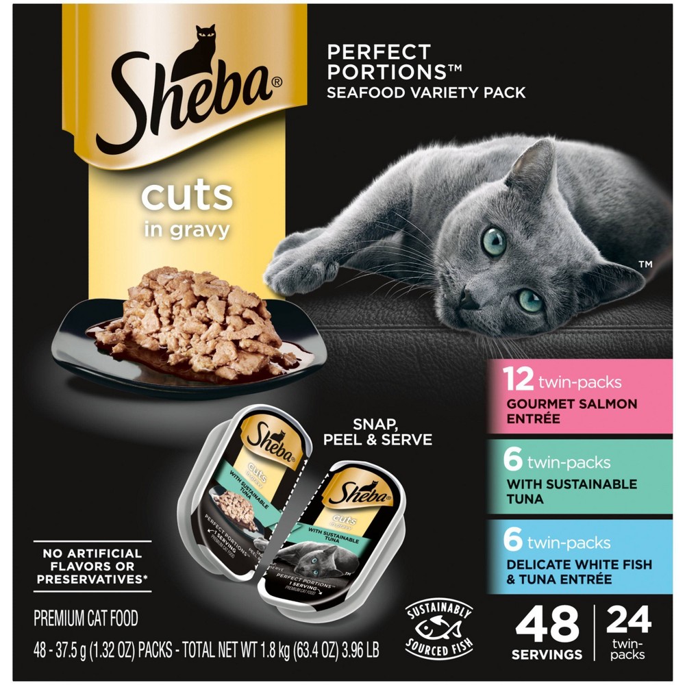 Sheba Perfect Portions Cuts In Gravy Sustainable Tuna,Salmon White Fish & Tuna Premium Wet Cat Food All Stages - 2.6oz/24ct Variety Pack,Best,Before,03/2027