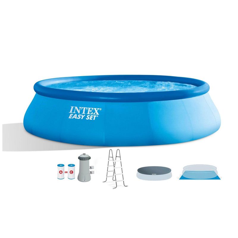 Intex 26175EH Easy Set 15 Feet by 42 Inch Round Inflatable Outdoor Backyard Above Ground Swimming Pool Set with Cover, Ladder, and Filter, Blue, 1 of 9