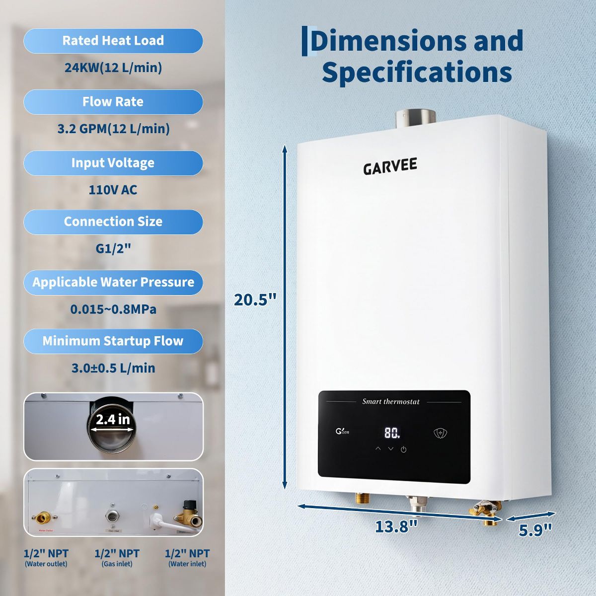 12L Natural Gas Tankless Water Heater Whole House Constant Temperature Instant Hot Digital Display Indoor Wall-Mounted with Accessories - thumbnail 6