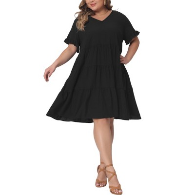 Agnes Orinda Women's Plus Size V Neck Ruffle Sleeve With Pockets Swing  Tiered A Line Dresses Black 1x : Target