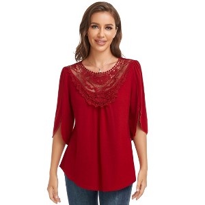 Women's Summer Shirt Crew Neck Three-Quarter Sleeve Blouse for Women - 1 of 4