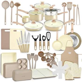 Nutrichef 54-Piece Marble Non-Stick Cookware and Bakeware Set -Taupe Brown