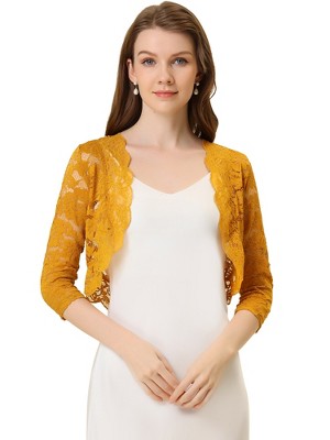 INSPIRE CHIC Women's Elegant 3/4 Sleeve Sheer Floral Lace Open Front Crop Shrug