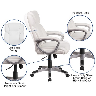Elegant White LeatherSoft Mid-Back Swivel Office Chair with Padded Arms