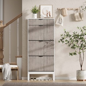Modern Fluted 3 Flip Drawer Shoe Cabient, 55.5'' H Tall Shoe Storage with Drawer, Narrow Wooden Shoe Organizer with Metal Legs, Hidden Shoe Rack - 1 of 4
