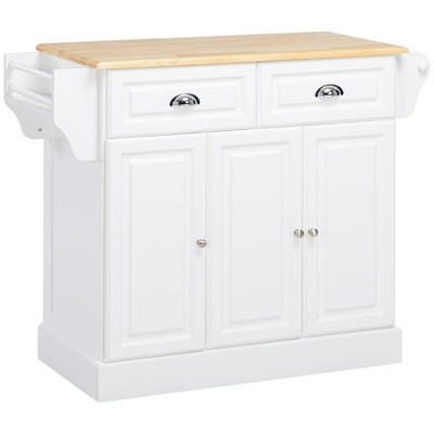 HOMCOM Kitchen Island on Wheels, Rolling Kitchen Cart with Rubber Wood Top, Towel Rack, Spice Rack, Storage Drawer and Cabinet