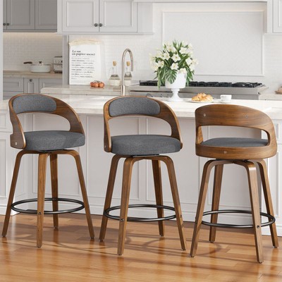Gikpal Swivel Bar Stools, 26" Upholstered Linen Fabric Barstools with Bentwood Legs, Modern Counter Height Bar Stools with Back, 2 Pieces, Grey