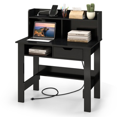 Tangkula Computer Desk with Drawer & Hutch Home Office Writing Desk with Charging Station & Storage Shelves Modern Space-Saving Computer Workstation