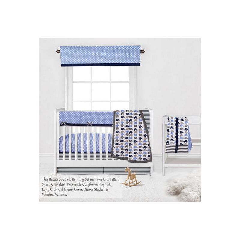 Bacati - Elephants Blue/Navy/Gray 6 pc Crib Bedding Set with Long Rail Guard Cover, 5 of 12