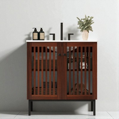 30" Vintage Bathroom Vanity with Slatted Doors, Ceramic Sink, Adjustable Shelf, Soft-Close Hinges, Square Tube Black Legs
