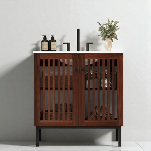 30" Vintage Bathroom Vanity with Slatted Doors, Ceramic Sink, Adjustable Shelf, Soft-Close Hinges, Square Tube Black Legs - 1 of 4