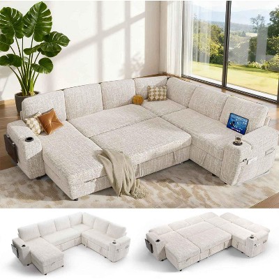Vipbear 110" Modular Sectional Sleeper Sofa with Pull Out Bed, 7 Seat Chenille L Shaped Couch with Reclining Backrest|USB Ports Tool Free Assembly