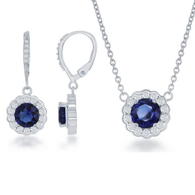 Bella Silver Sterling Silver September Birthstone w/ CZ Border Round Earrings & 18" Pendant Necklace Set