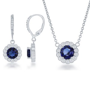 Bella Silver Sterling Silver September Birthstone w/ CZ Border Round Earrings & 18" Pendant Necklace Set - 1 of 3