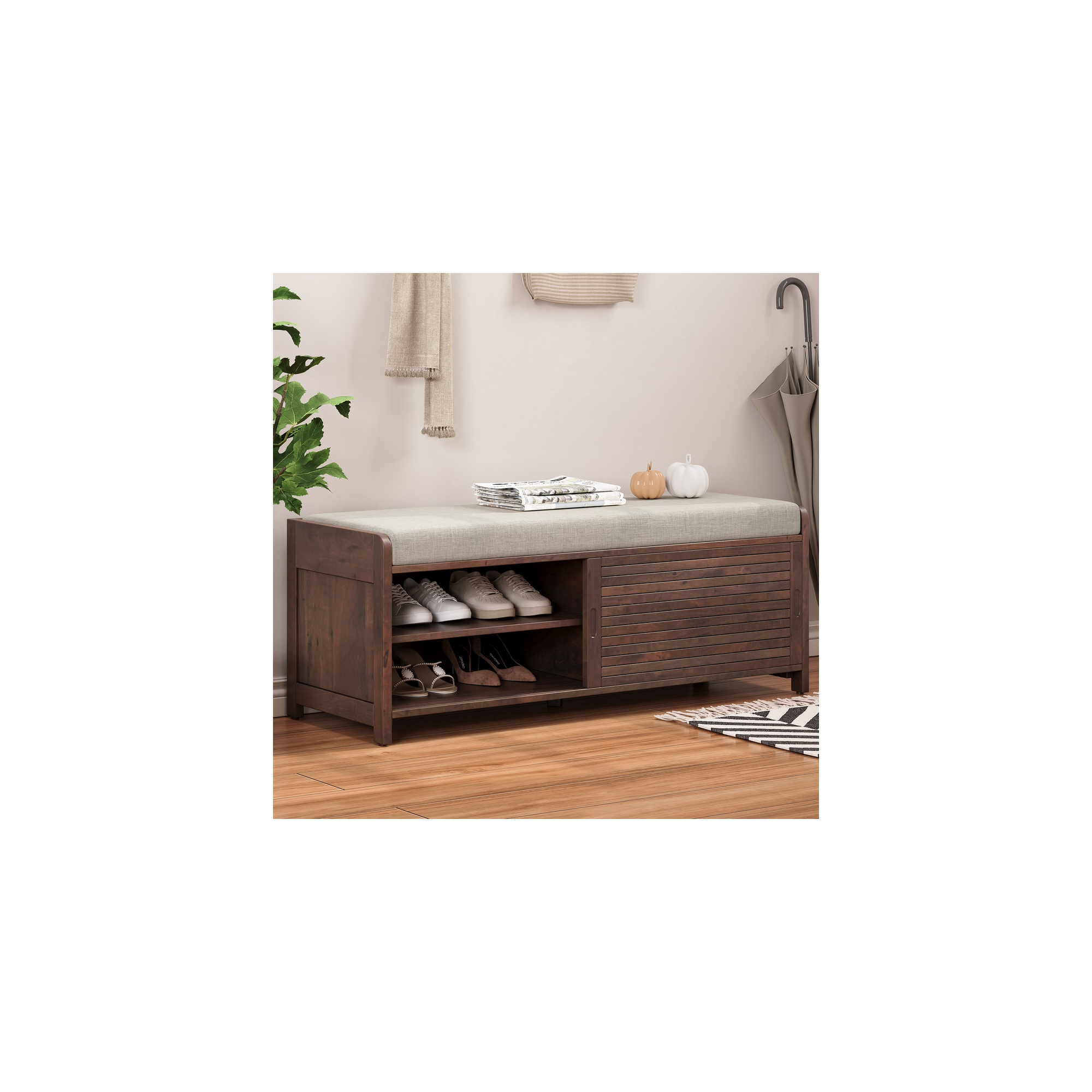 Whisen Shoe Bench with Storage and Cushion, Distressed Shutter Storage Bench - Espresso