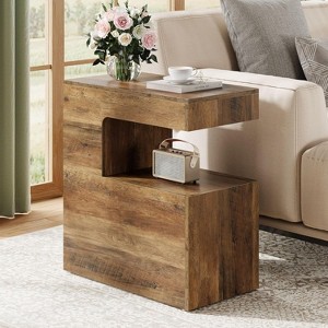 Tribesigns C-Shaped End Table, 25.59" Couch Side Table with 2-Tier Storage Shelf, Farmhouse TV Tray for Sofa, Living Room, Bedroom, Brown - 1 of 4