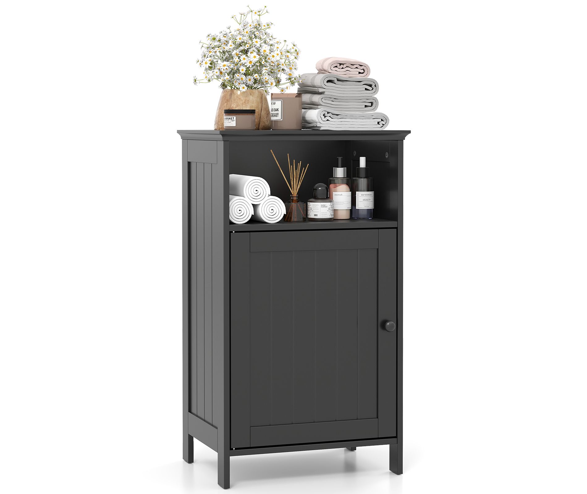 Costway Bathroom Floor Storage Cabinet Side Table w/ Open Compartment & Adjustable Shelf