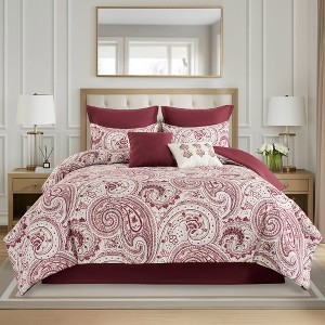 8Pcs BIAB Paisley Print Solid Plum Reverse Comforter Set, Ultra Soft Microfiber Bedding Set with Matching Shams, Pillows and Bedskirt - 1 of 4
