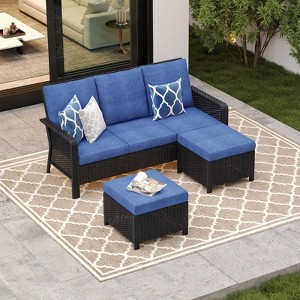 SUGOLD 3-Seat Wicker Patio Conversation Set with 2 Ottomans, Blue Cushions, Outdoor Rattan Furniture for Deck, Porch & Garden - 1 of 4
