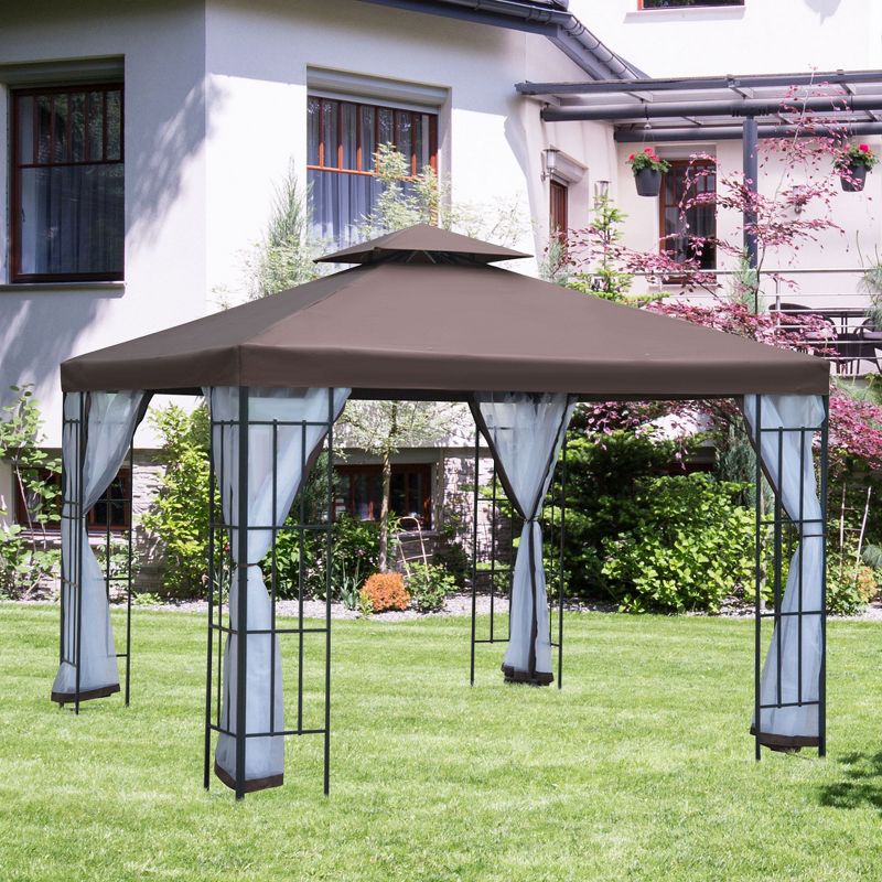 Outsunny 10'x10' Outdoor Gazebo, Double Tiered Canopy Tent with Mosquito Netting, and Steel Frame for Patio, Backyards and Parties, Coffee, 2 of 7