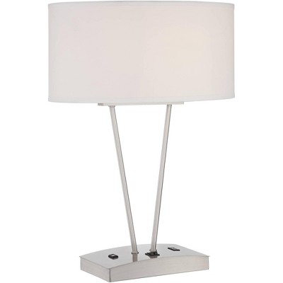 Possini Euro Design Modern Table Lamp with Hotel Style USB and AC Power Outlet in Base Silver White Oval Shade for Living Room Family Bedroom