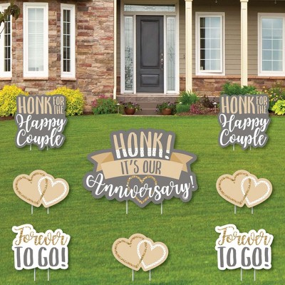 Big Dot of Happiness Honk, It's Our Anniversary - Yard Sign and Outdoor Lawn Decorations - Gold and Silver Wedding Anniversary Yard Signs - Set of 8