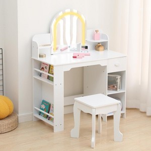 Kids Vanity with Lighted Mirror & Stool, Girls Makeup Vanity Desk with Bookshelf, Drawer & Open Shelves, Wooden Pretend Play Dressing Table - 1 of 4