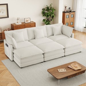 112.6" Modern Corduroy Modular Sectional Sofa Bed with Side Storage Pockets & Three Movable Ottomans - 1 of 4