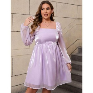 Coolmee Womens Plus Size Casual Square Neck Babydoll Mesh Puff Long Sleeve A-Line Mini Dress - 1 of 4