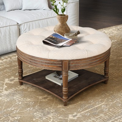 VYNXARIA Large Round Waterproof Ottoman Coffee Table: 2-Tier Button-Tufted Design with Wooden Shelf Storage£¬Beige+White