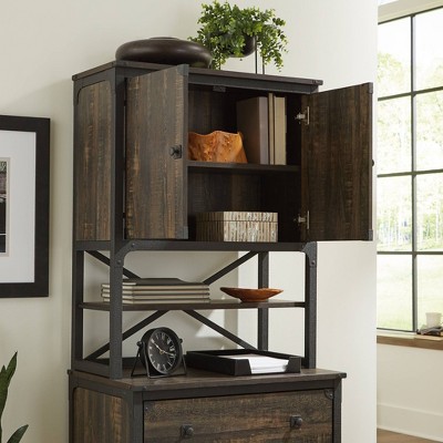 Carbon Oak Industrial China Cabinet with Metal Frame
