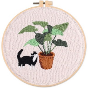 20cm/7.9in Punch Needle Embroidery Starter Kits for Beginners with Embroidery Hoops, Punch Needle Fabric with Pattern, Cartoon Cat and Green Plant - 1 of 4