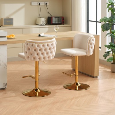 A&A Furniture,Swivel Barstools Adjusatble Seat Height With Gold-plating Base, Classic Velvet Upholstered Bar Stools ， Set of 2