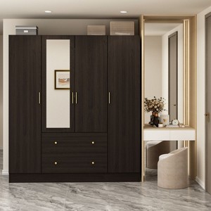 Famapy Brown 4-Doors Armoire With Mirror Hanging Rod and Drawers - 1 of 4