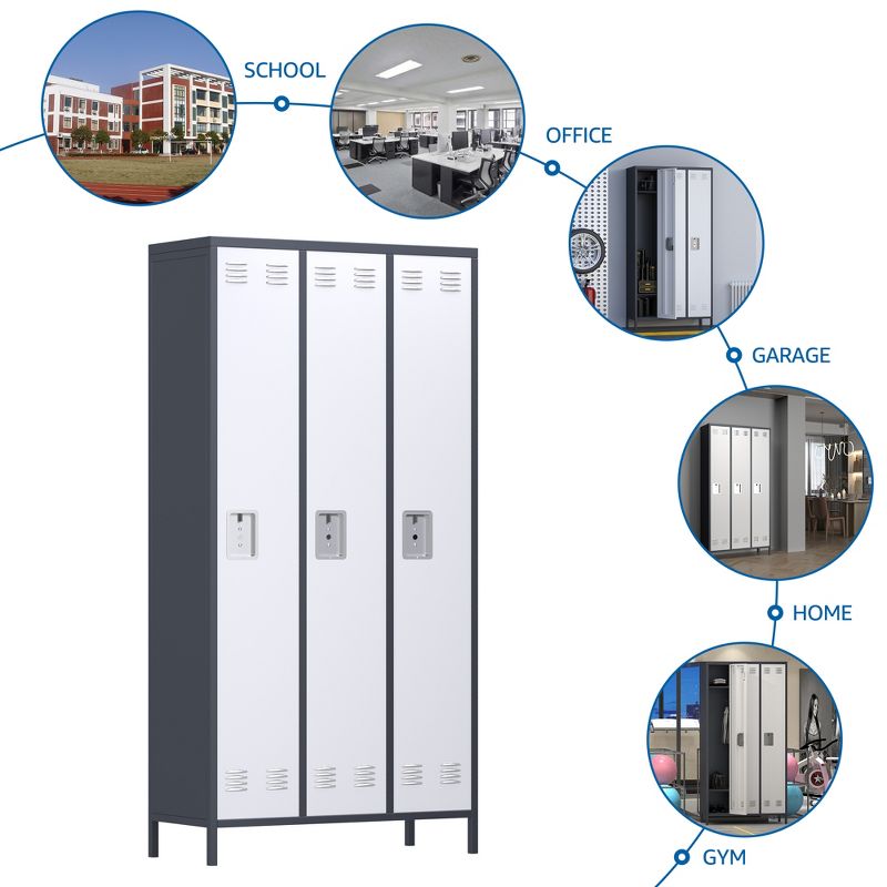 AOBABO 3 Door Steel Storage Cabinet Metal Industrial Locker with 2 Shelves for Employees, School, Office, Gym, or Bedroom, Gray, 6 of 8