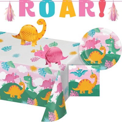 Creative Converting Girl Dino Deluxe Birthday Party Tableware and Decorations Kit 28ct