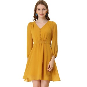 Allegra K Women's Swiss Dots Elastic Waist 3/4 Sleeve A-line Solid Flowy Chiffon Dress - 1 of 4