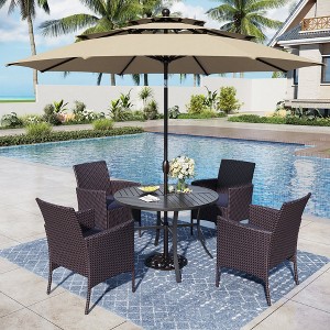Captiva Designs 6pc Patio Slat-top Black Dining Table & Crescent Arm Rattan Chairs & Market Umbrella - 1 of 1