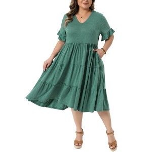 Women's Plus Size V Neck Ruffle Sleeve Swing Tiered Babydoll Dress with Pockets - Agnes Orinda - 1 of 4