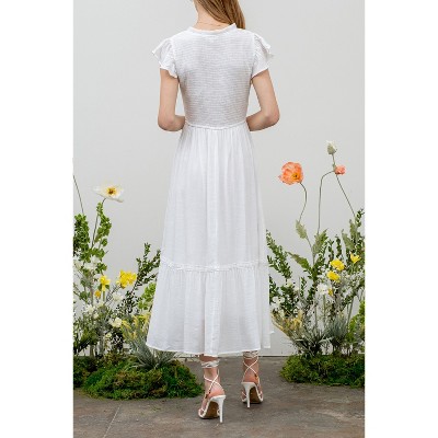 Женские платья August Sky Short Sleeve Smocked Midi Dress (White L) — фото 2