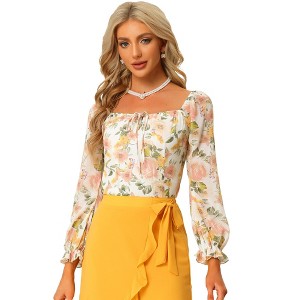 INSPIRE CHIC Women's Floral Smocked Elegant Puff Long Sleeve Square Neck Blouse - 1 of 4